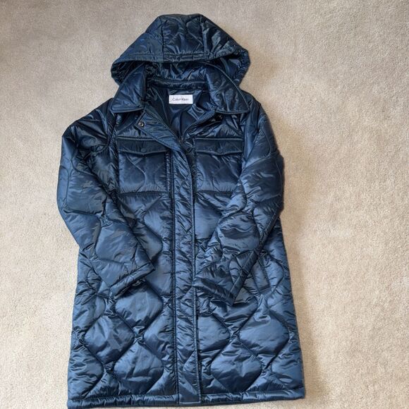 Calvin Klein Jackets & Blazers - Calvin Klein Puffer Women’s Small Quilted Hooded Coat Blue Full Zip Mid Length